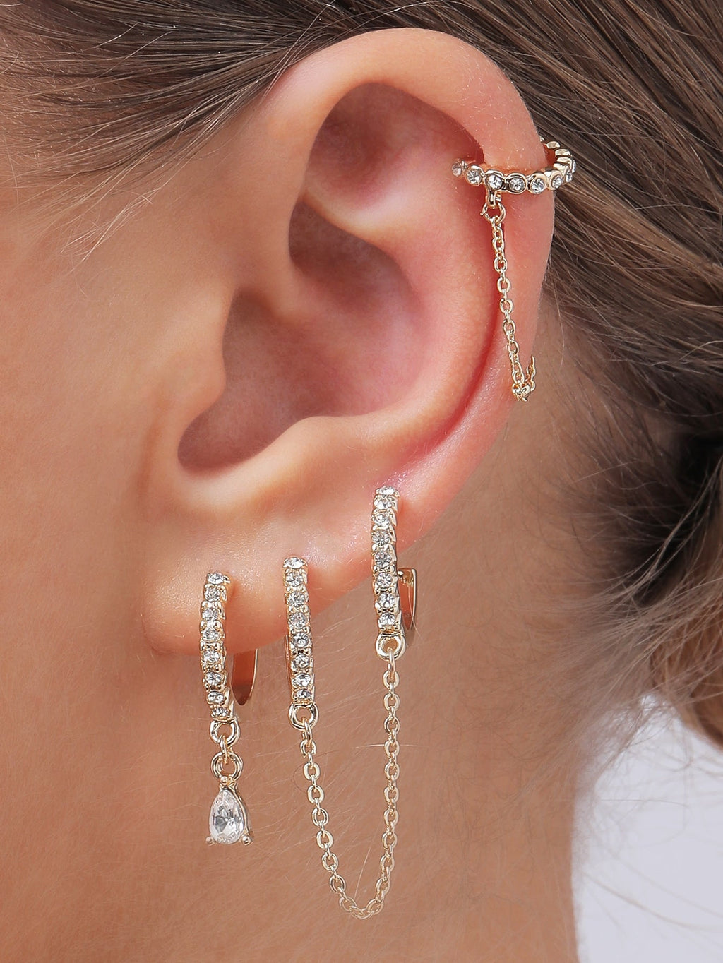 2pairs Rhinestone Decor Earrings & 1pc Ear Cuff - Gold