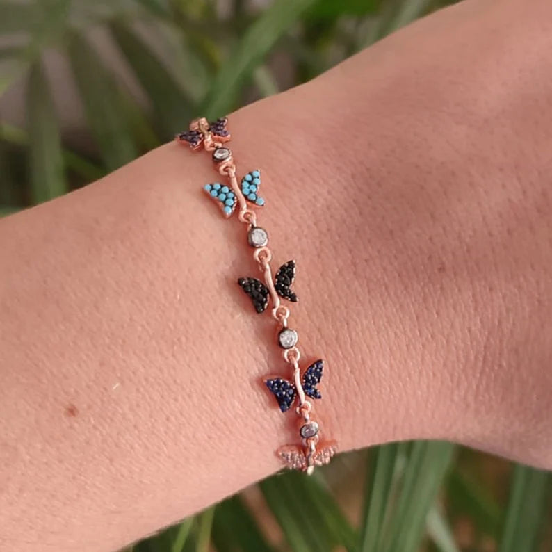 Five Butterfly Bracelets With Mix Color Stones, Women Silver Bracelets