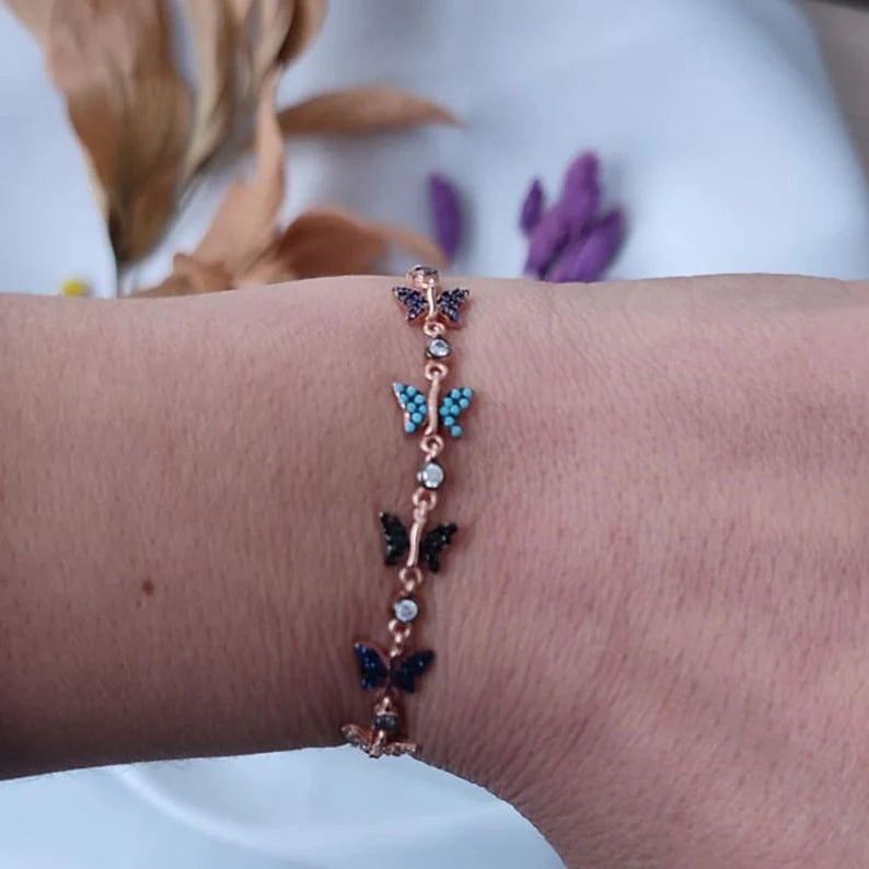 Five Butterfly Bracelets With Mix Color Stones, Women Silver Bracelets